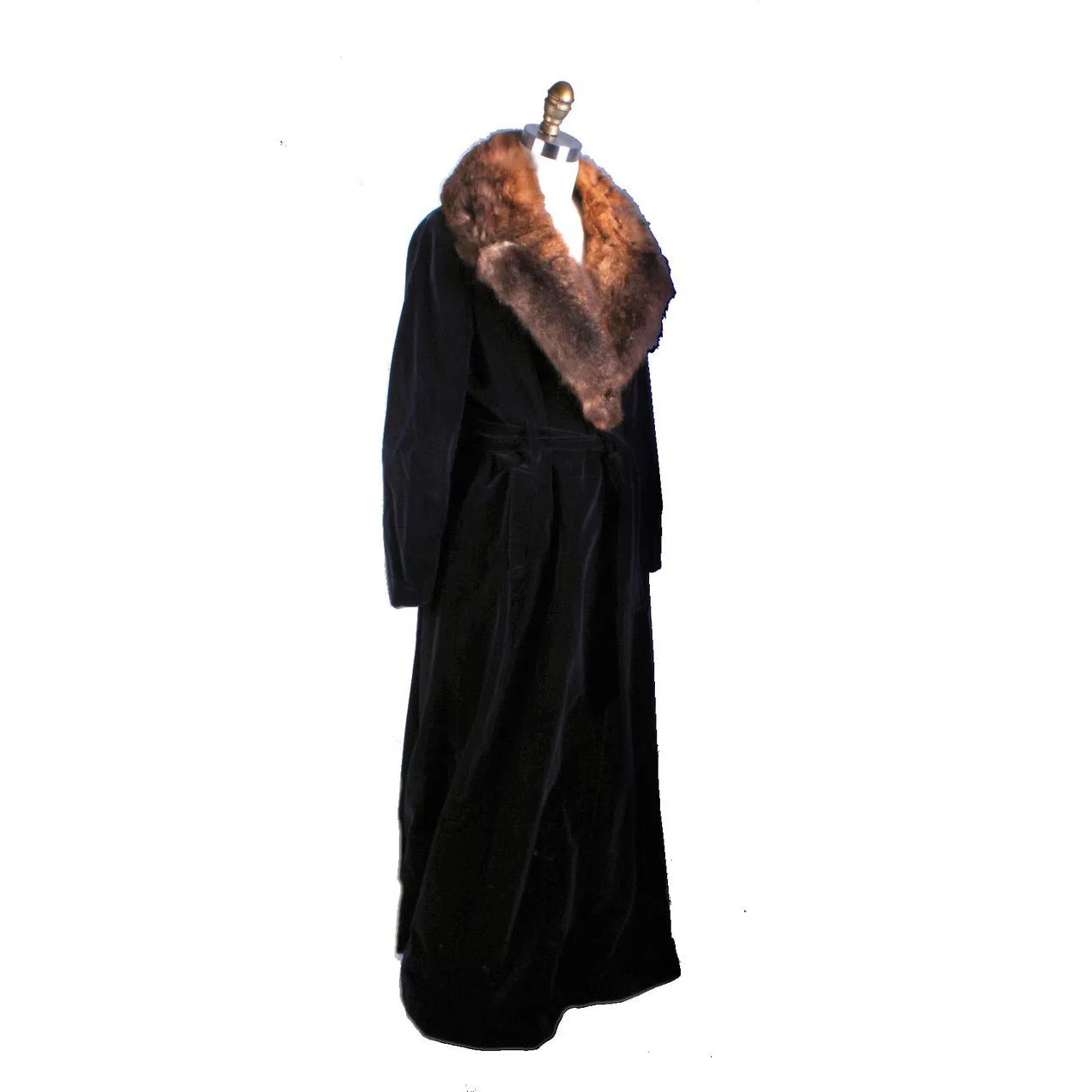 1970s Womens Maxi Coat Black Cotton Velvet Wrap Fur Trim M/L Super 70s