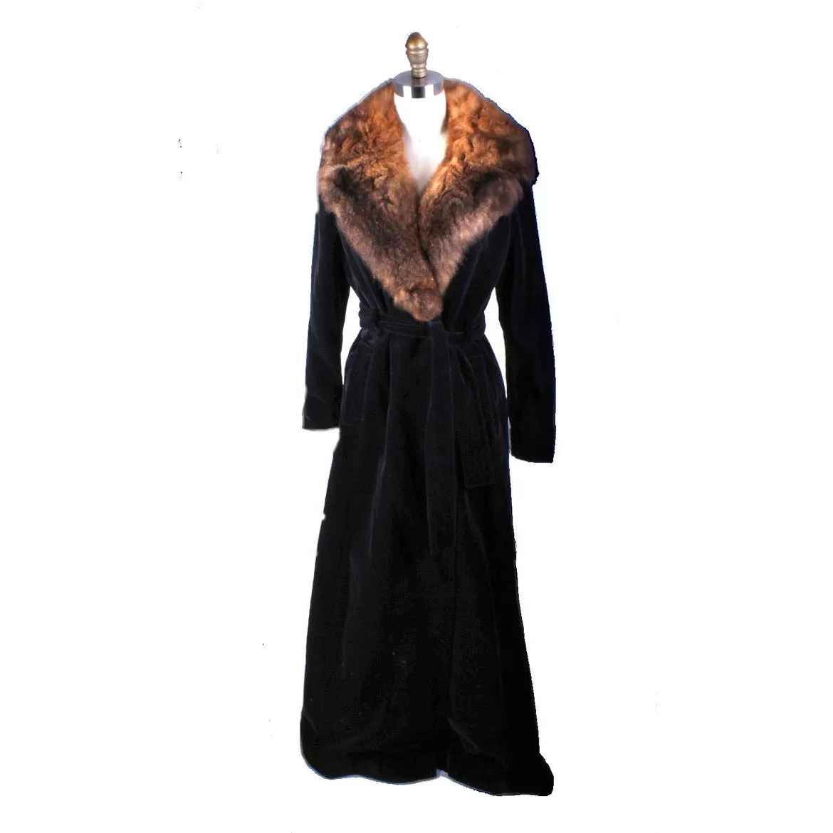 1970s Womens Maxi Coat Black Cotton Velvet Wrap Fur Trim M/L Super 70s