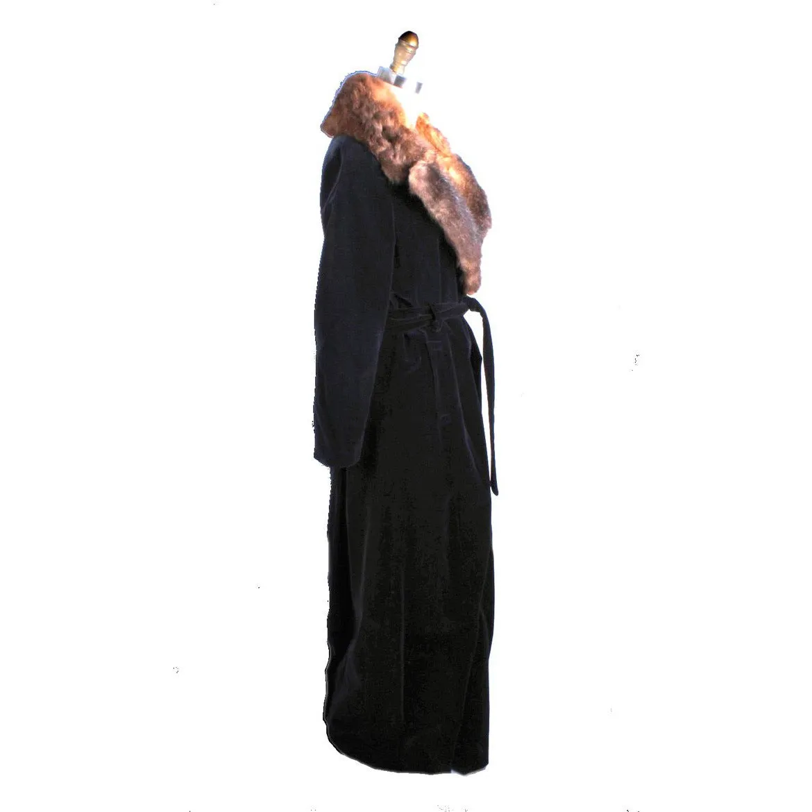 1970s Womens Maxi Coat Black Cotton Velvet Wrap Fur Trim M/L Super 70s