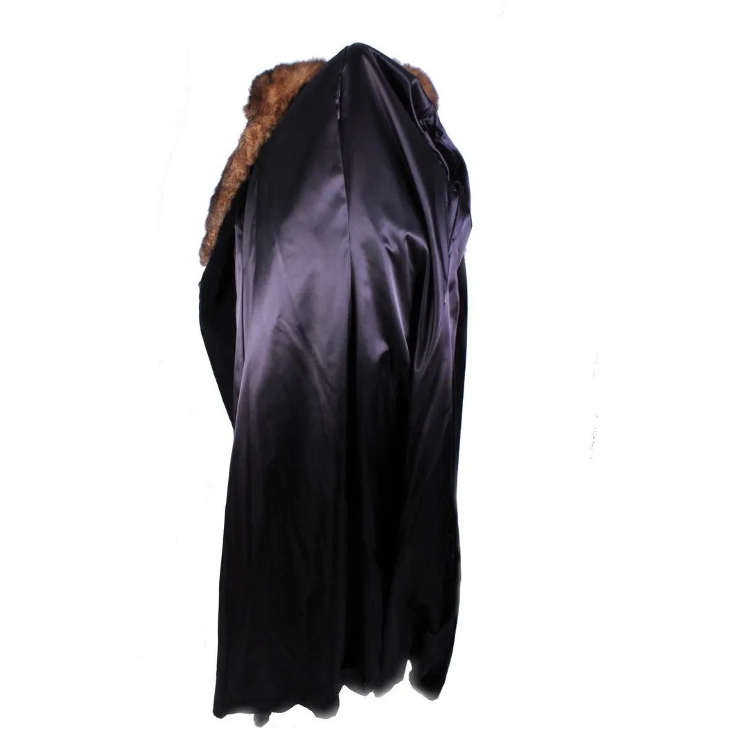 1970s Womens Maxi Coat Black Cotton Velvet Wrap Fur Trim M/L Super 70s