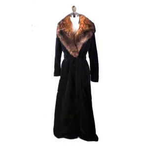 1970s Womens Maxi Coat Black Cotton Velvet Wrap Fur Trim M/L Super 70s