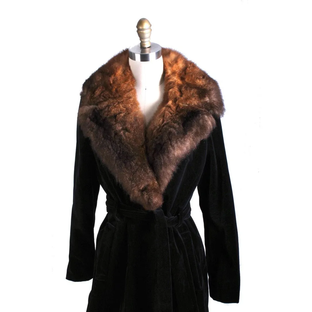 1970s Womens Maxi Coat Black Cotton Velvet Wrap Fur Trim M/L Super 70s