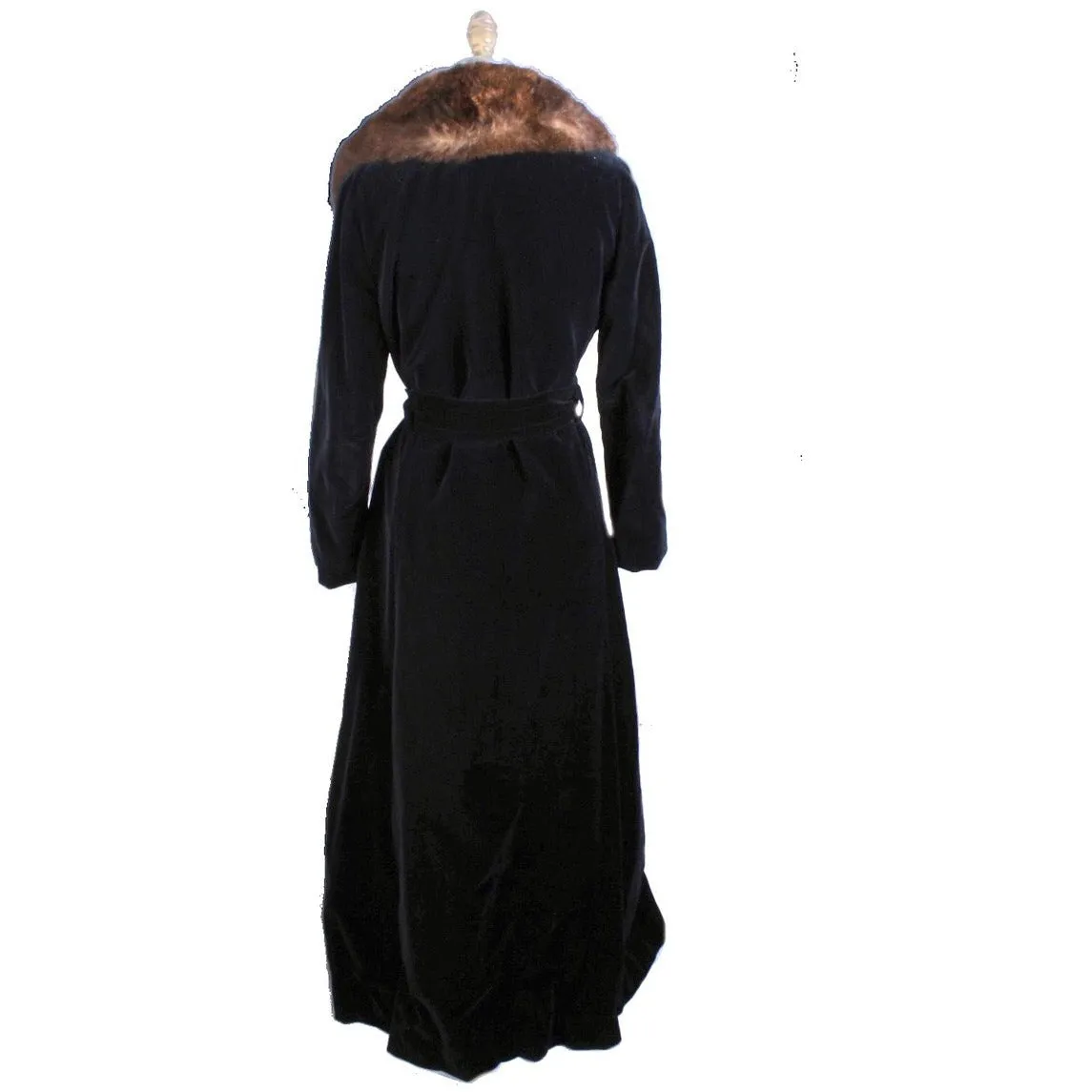 1970s Womens Maxi Coat Black Cotton Velvet Wrap Fur Trim M/L Super 70s