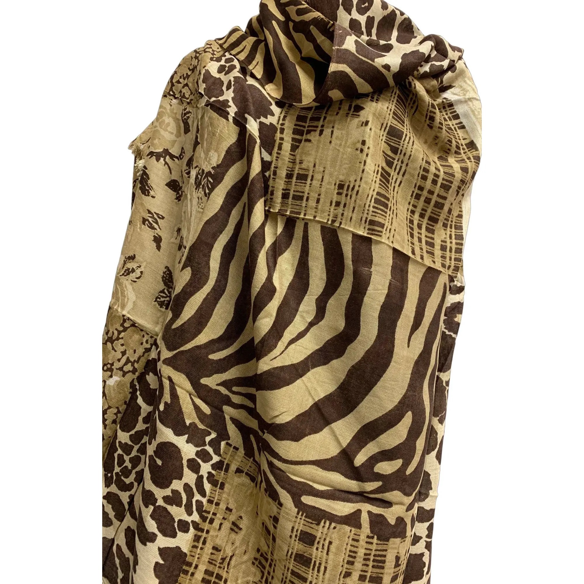 Beige Brown Floral Animal Leopard & Zebra Print Long Shawl Scarf JK1