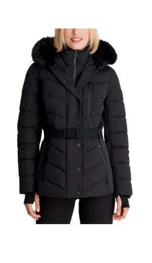 Belt Faux-Fur Trim Hooded Puffer Coat