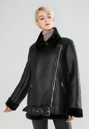 Black Leather Biker Jacket with Faux Fur Collar