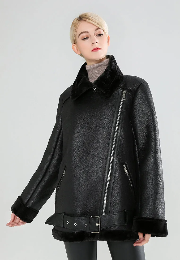 Black Leather Biker Jacket with Faux Fur Collar