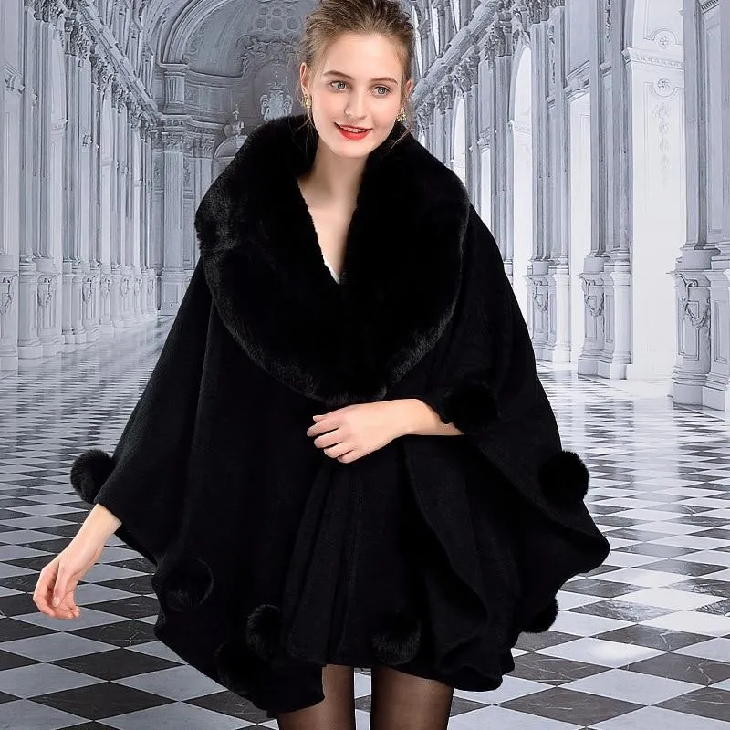 Cape Faux Fur Turn down Collar Poncho Thick Cardigan Cloak Coat