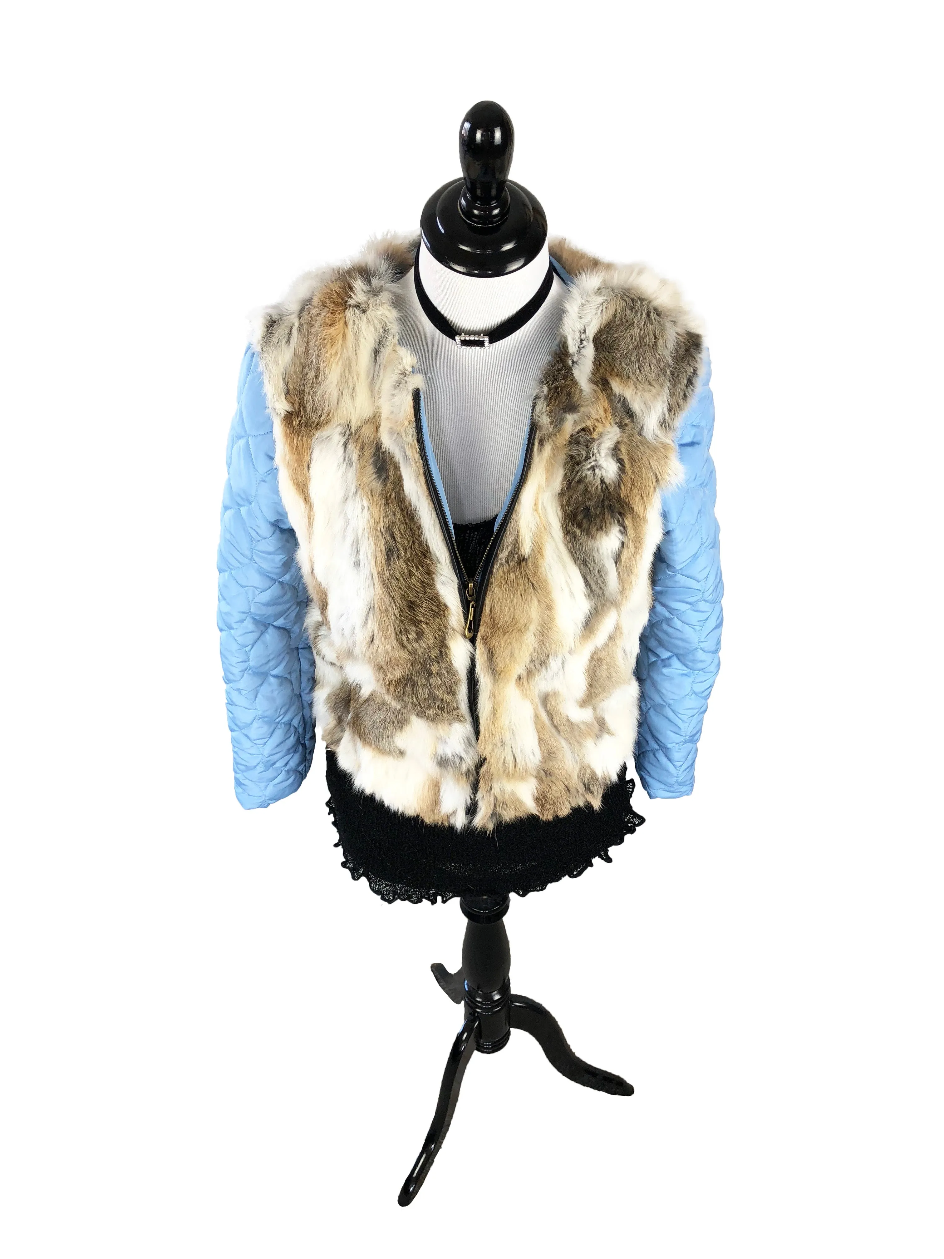 Denim and Fox Fur Jacket with Detachable Rabbit Fur Interior