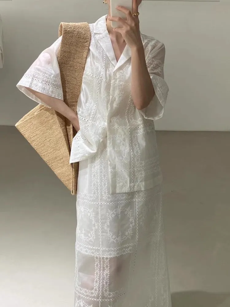 Elegant Embroidery Lace Flower Short Sleeves Shirt&Skirt 2 Set