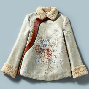 Floral Brocade Fur Collar & Cuff Women's Chinese Style Wadded Coat