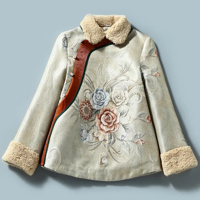 Floral Brocade Fur Collar & Cuff Women's Chinese Style Wadded Coat