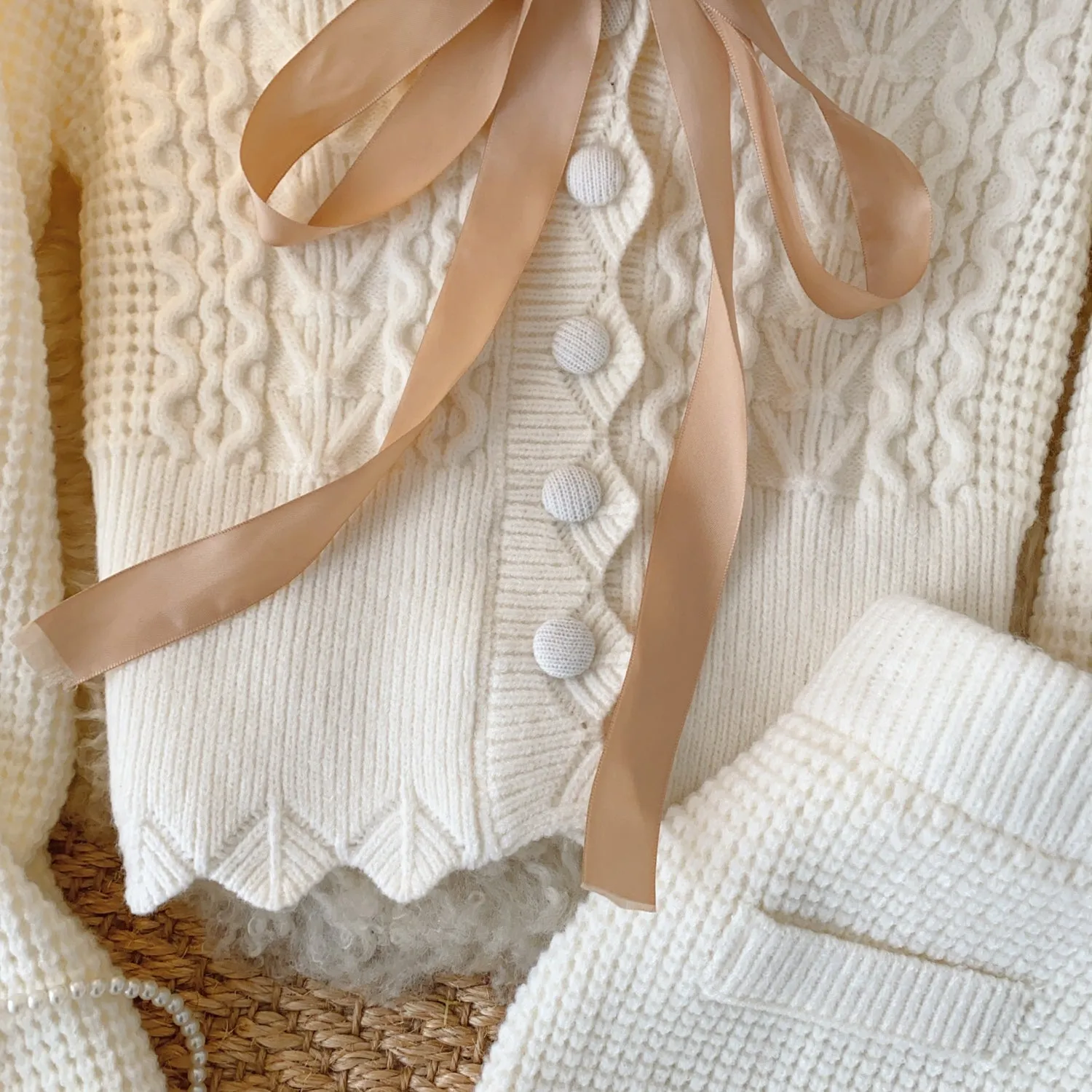 Fur Collar Cardigan & Skirt Thermal 2Pcs