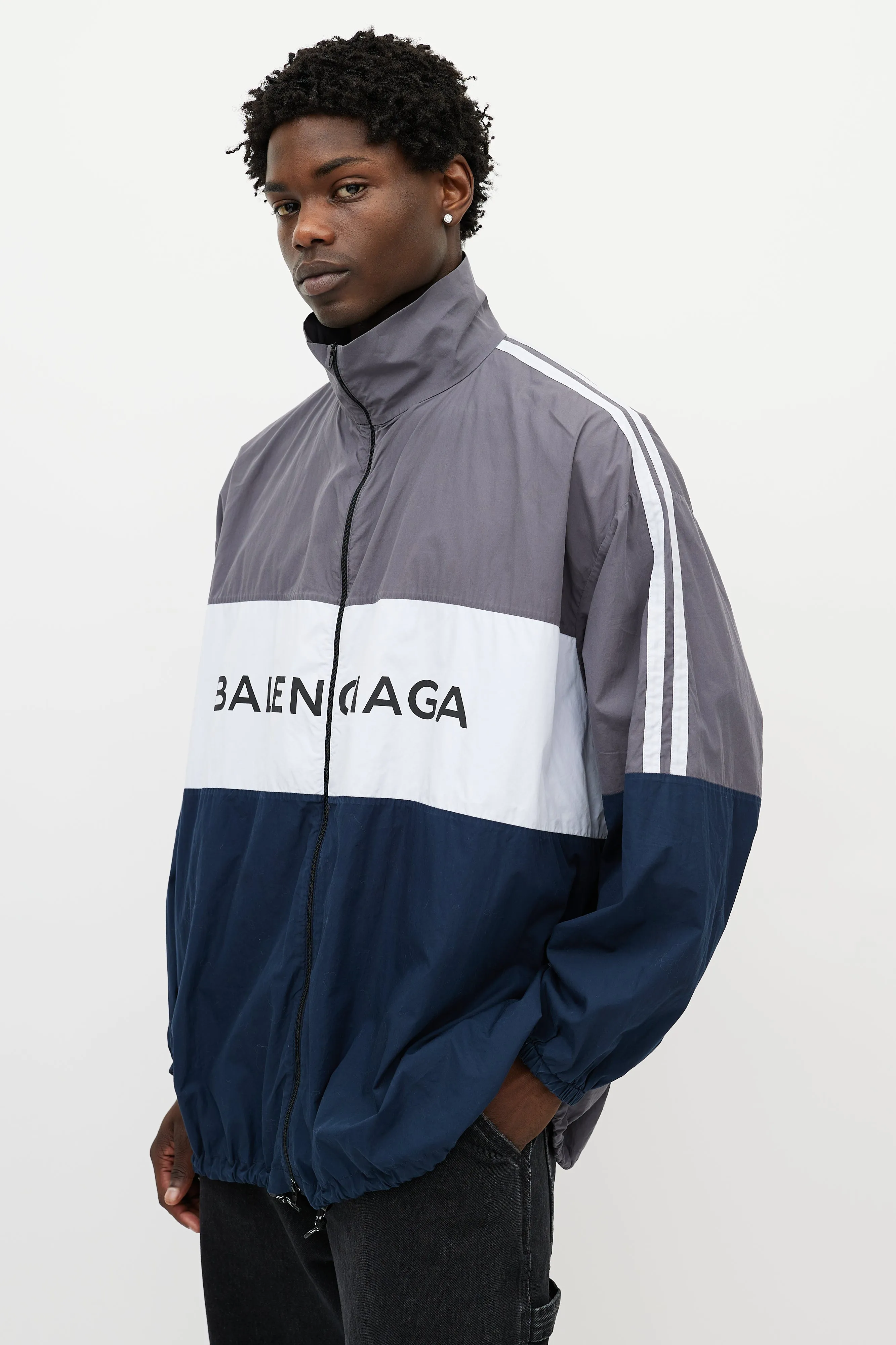 Grey & Multicolour Logo Striped Track Jacket