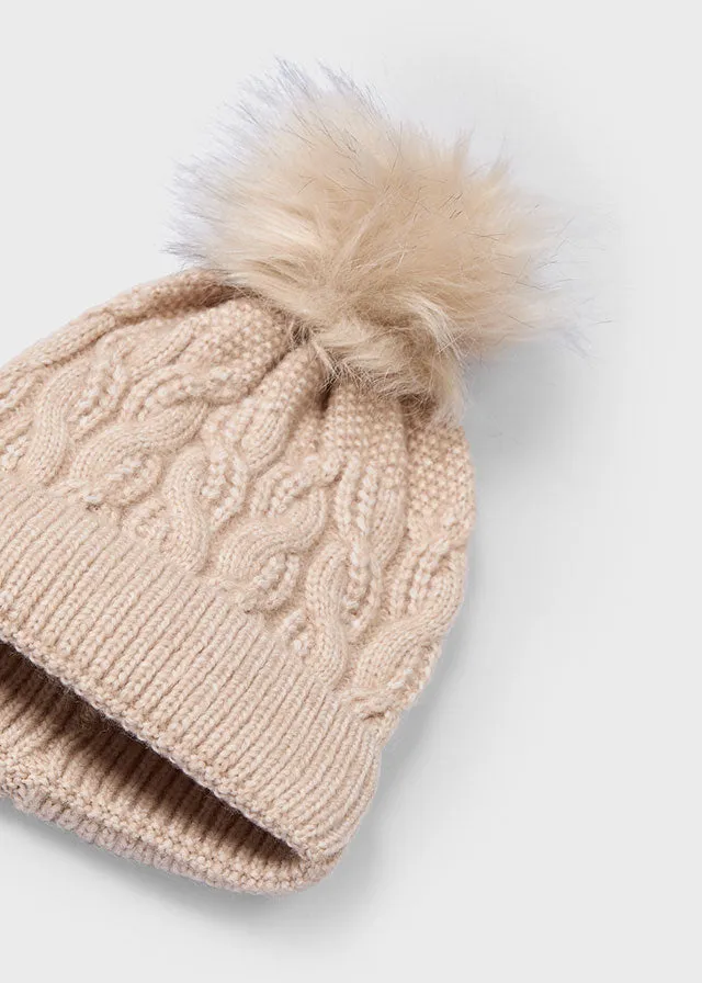 Knit Cap w/Fur Pom, Sand, 10834