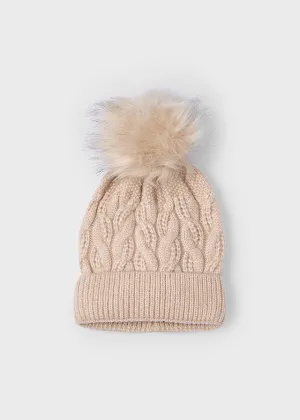 Knit Cap w/Fur Pom, Sand, 10834