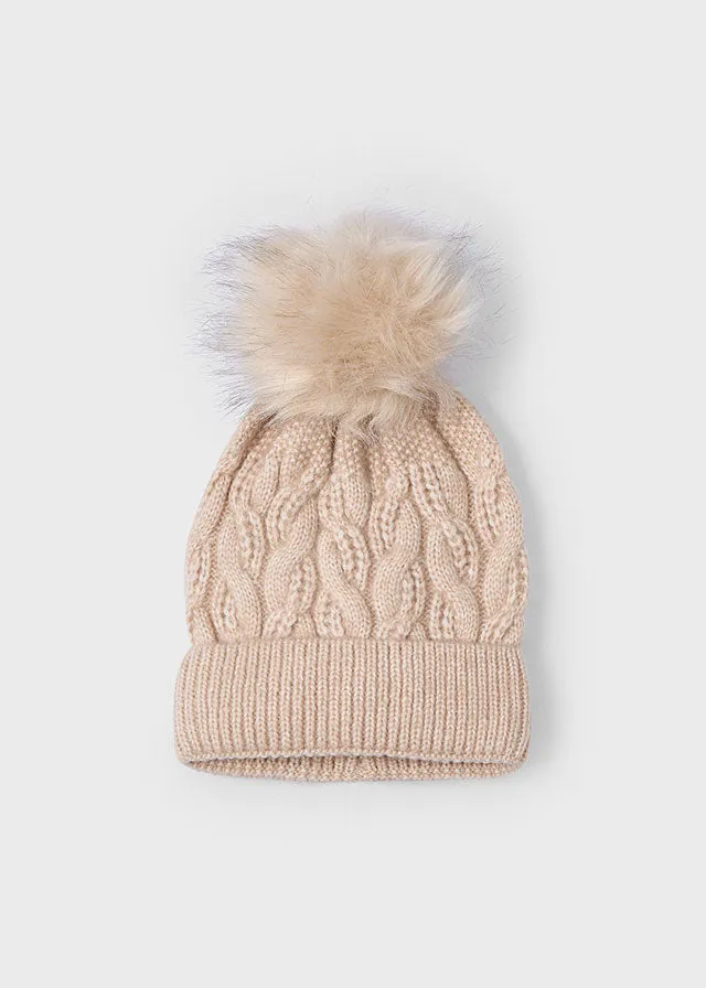 Knit Cap w/Fur Pom, Sand, 10834