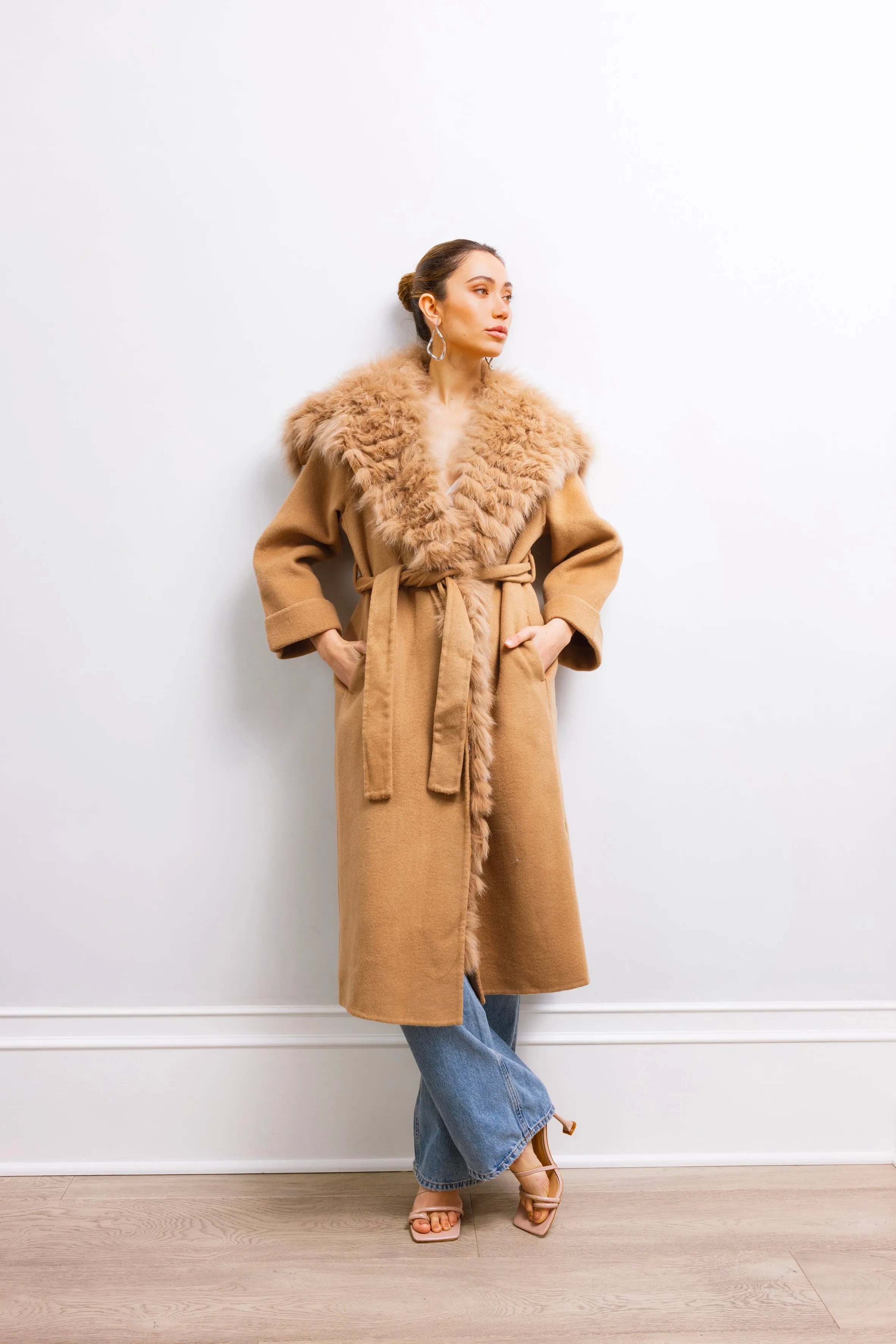 Lavish Wool & Fur Coat in Tan