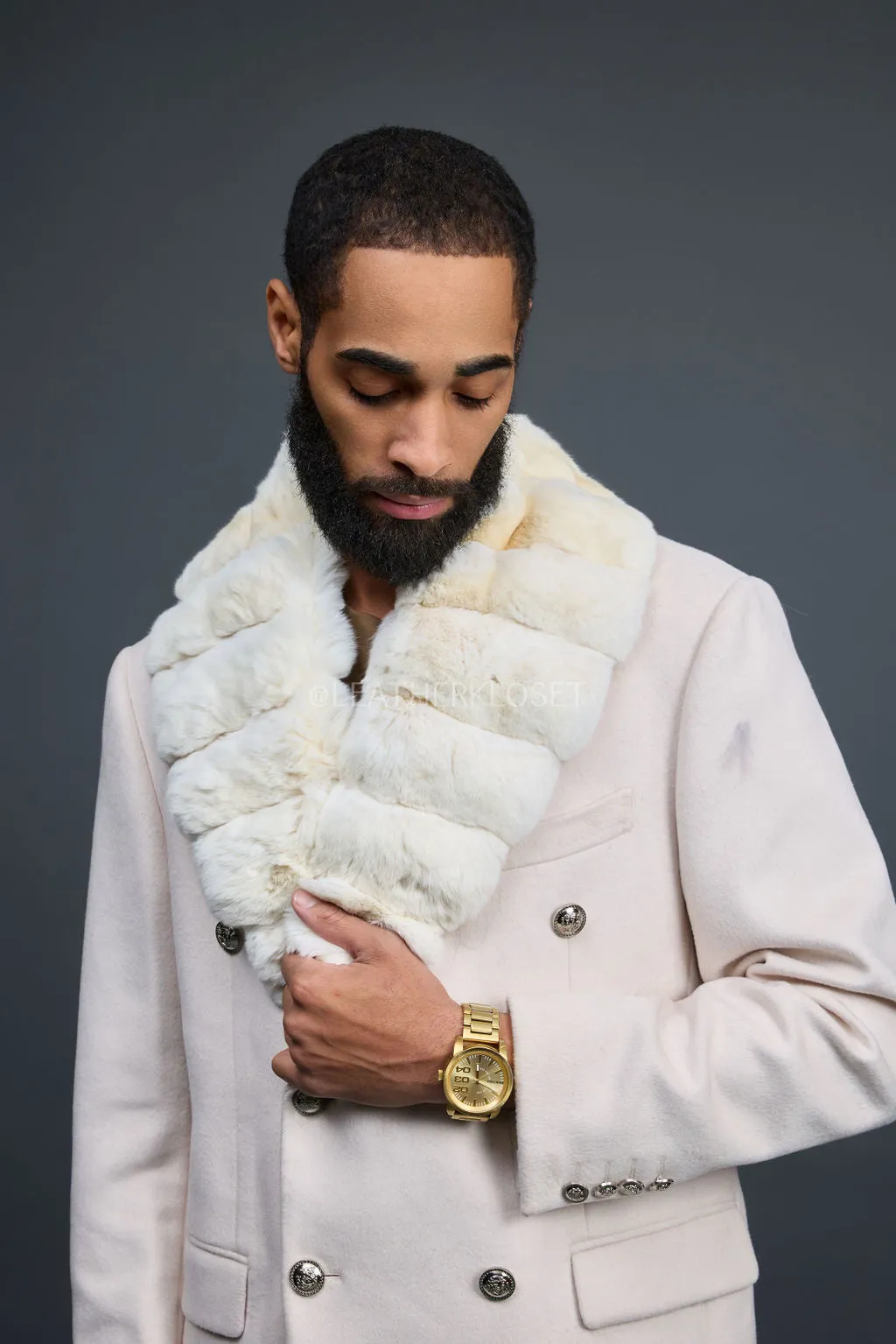 Men's Cashmere Trench Coat Cream With Chinchilla Collar [Cream]