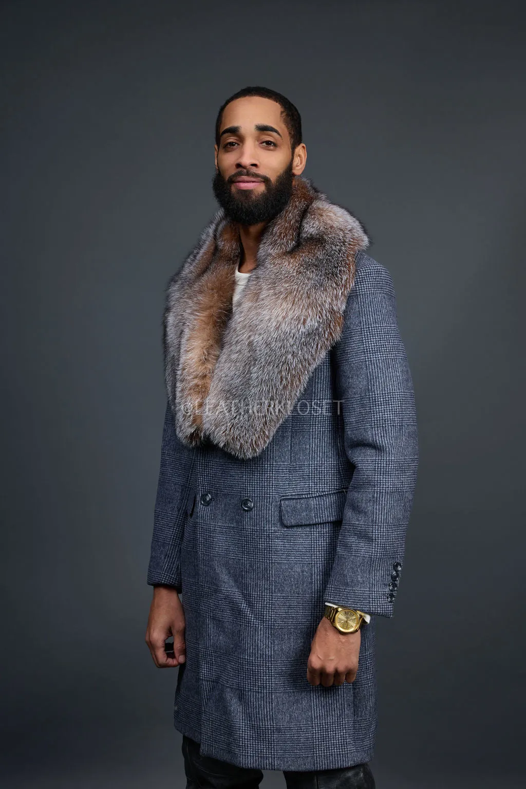 Men's Cashmere Trench Coat Grey With Fox Collar [Crystal Fox]