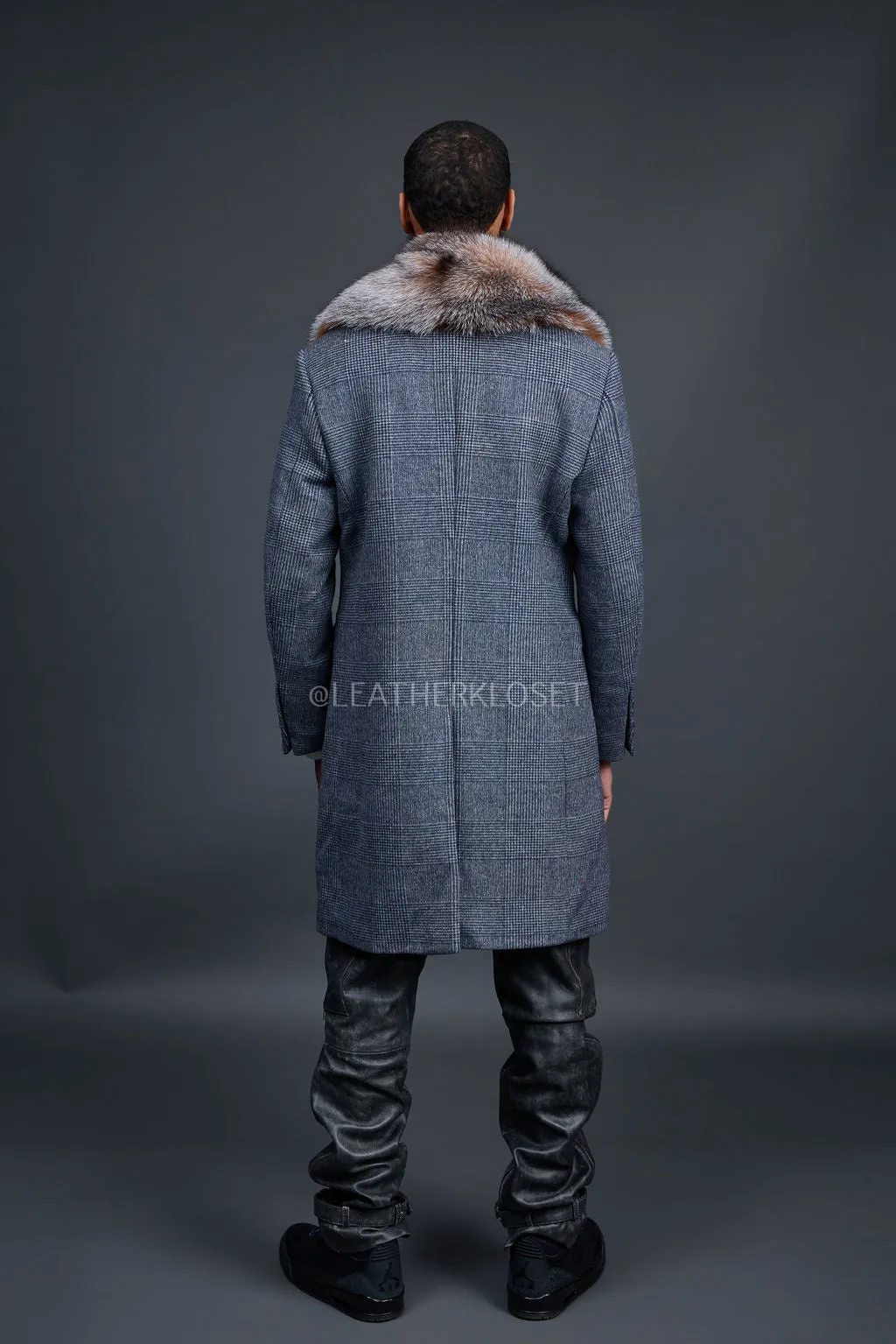 Men's Cashmere Trench Coat Grey With Fox Collar [Crystal Fox]