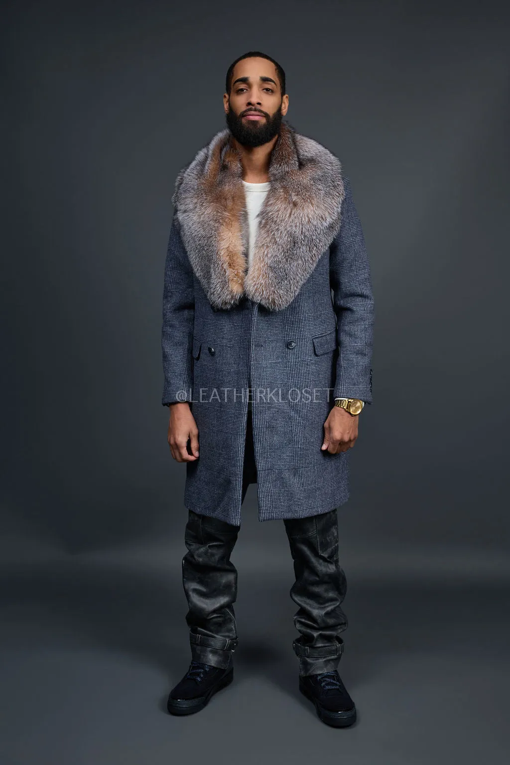Men's Cashmere Trench Coat Grey With Fox Collar [Crystal Fox]