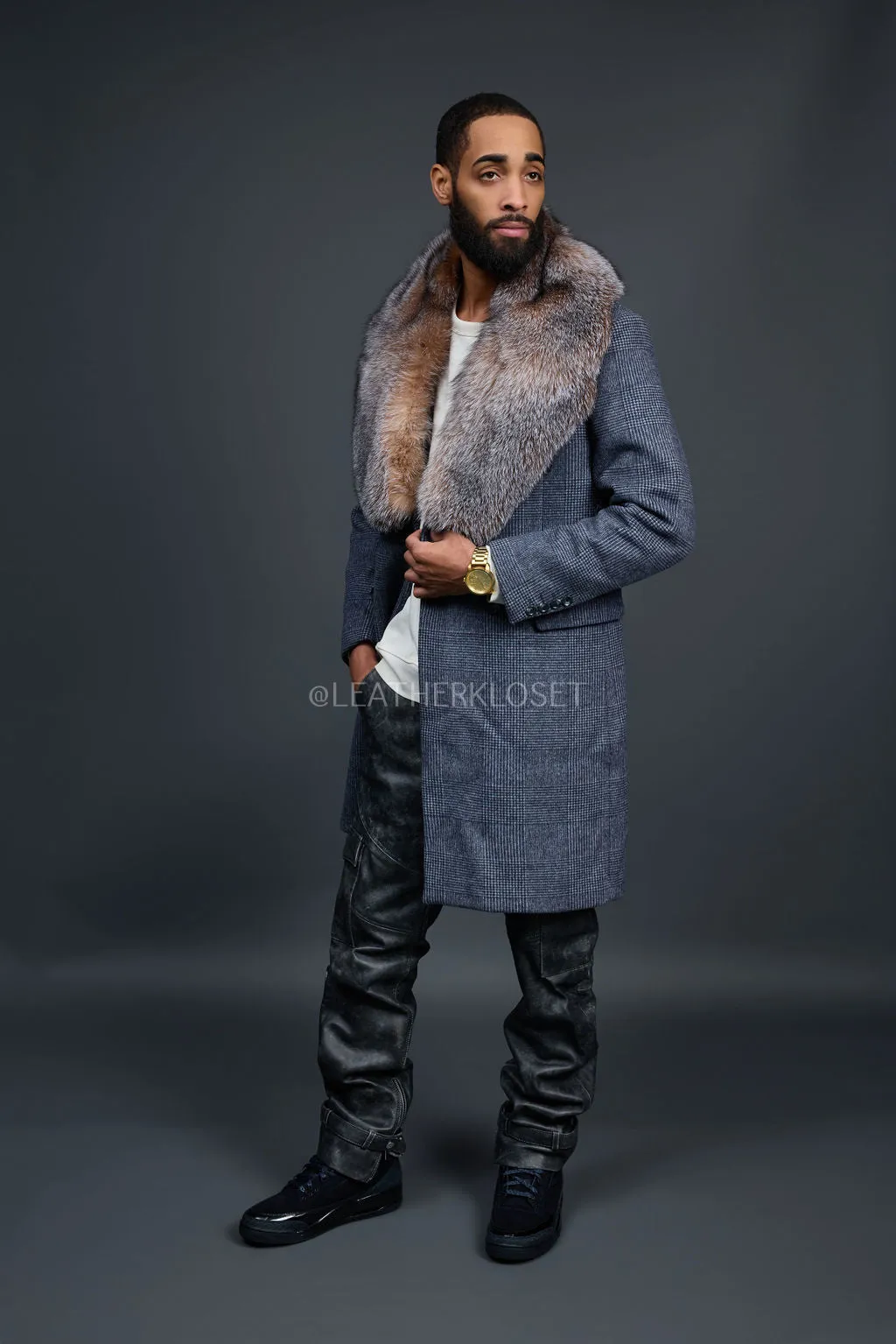 Men's Cashmere Trench Coat Grey With Fox Collar [Crystal Fox]