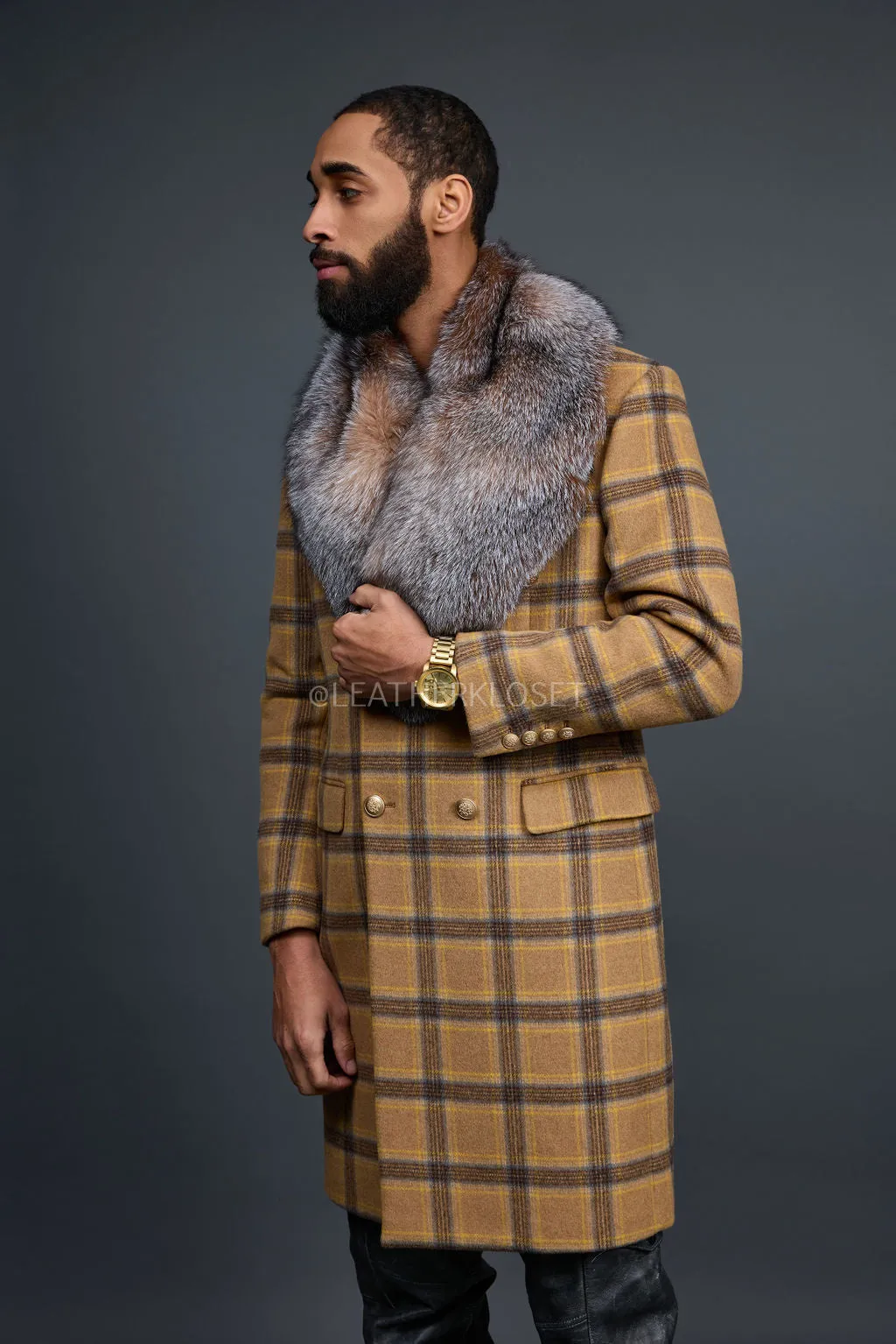 Men's Cashmere Trench Coat With Fox Collar [Tan/Brown]