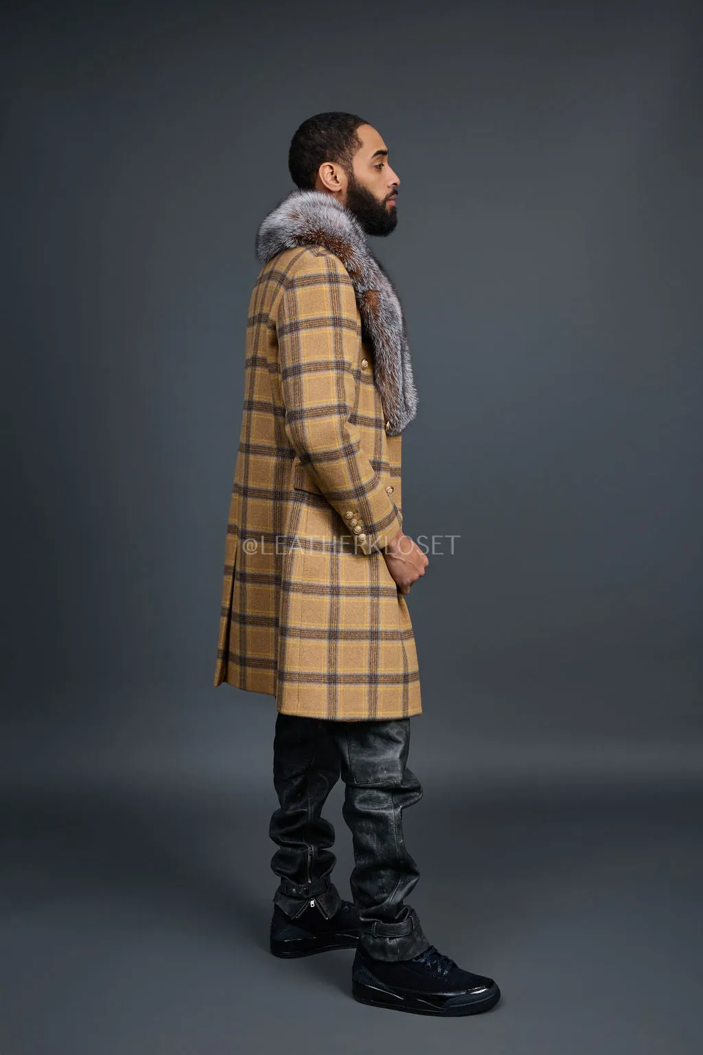 Men's Cashmere Trench Coat With Fox Collar [Tan/Brown]