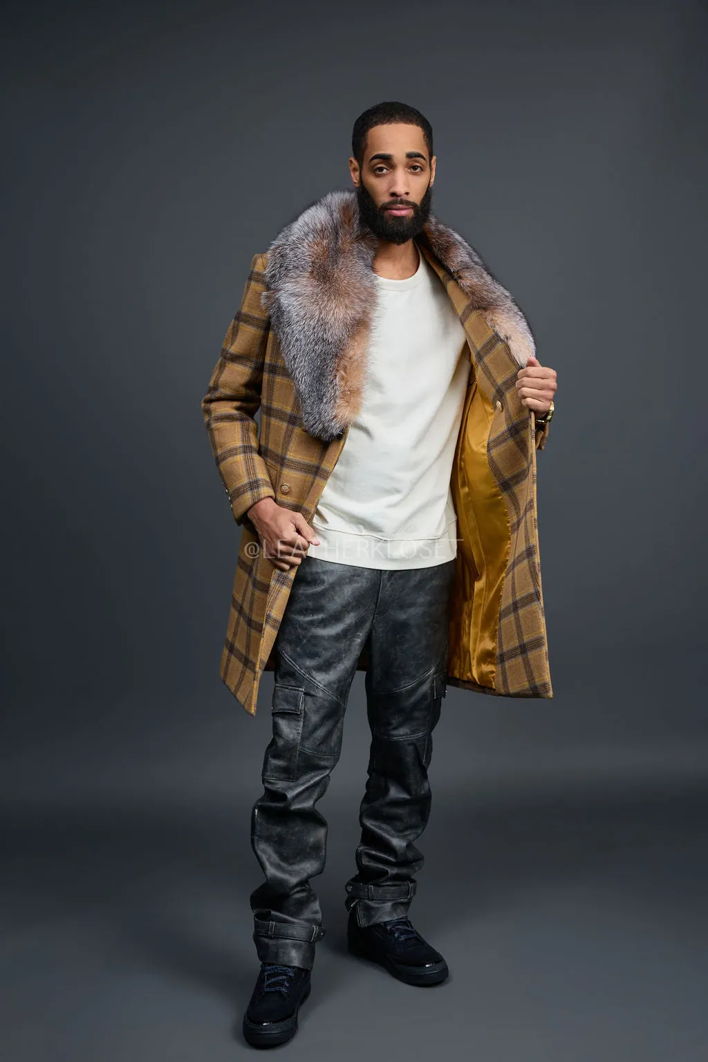 Men's Cashmere Trench Coat With Fox Collar [Tan/Brown]