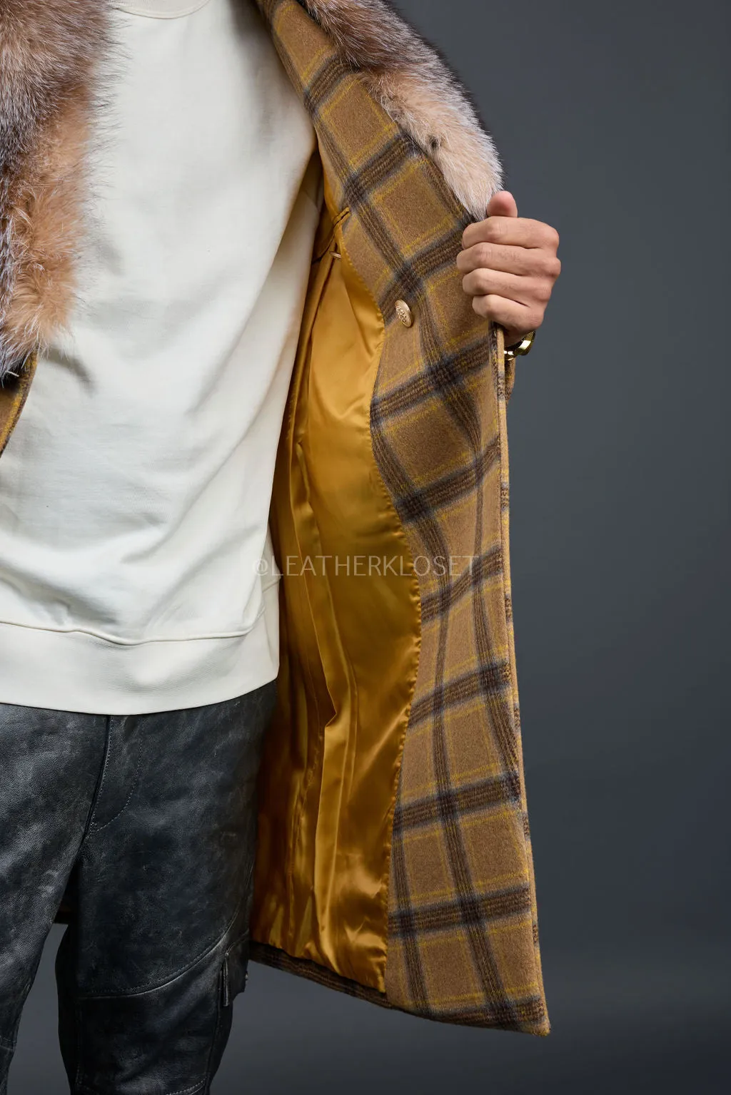Men's Cashmere Trench Coat With Fox Collar [Tan/Brown]