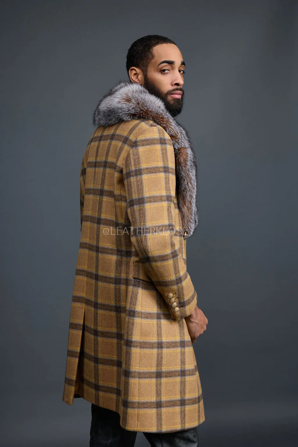 Men's Cashmere Trench Coat With Fox Collar [Tan/Brown]