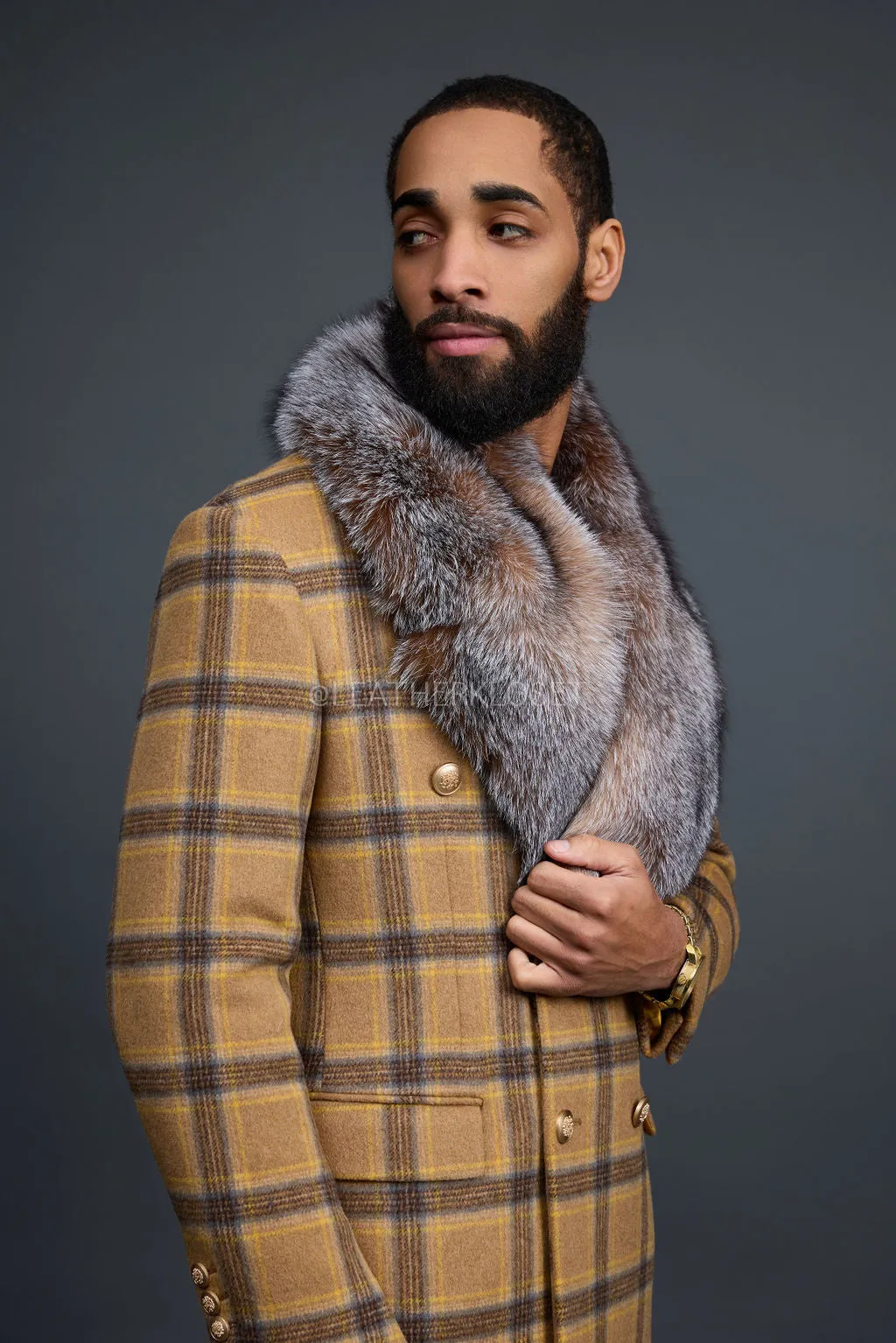 Men's Cashmere Trench Coat With Fox Collar [Tan/Brown]