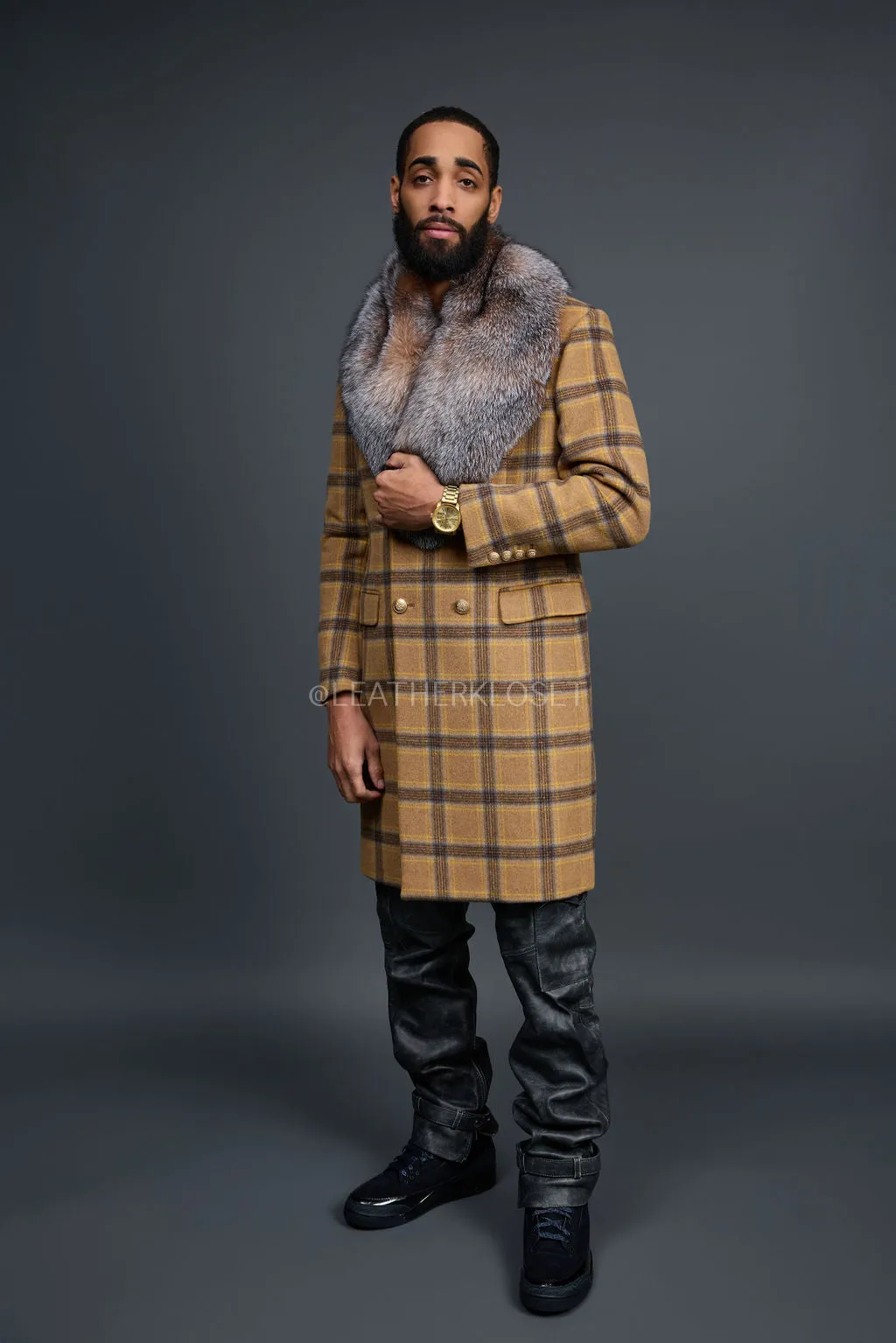 Men's Cashmere Trench Coat With Fox Collar [Tan/Brown]