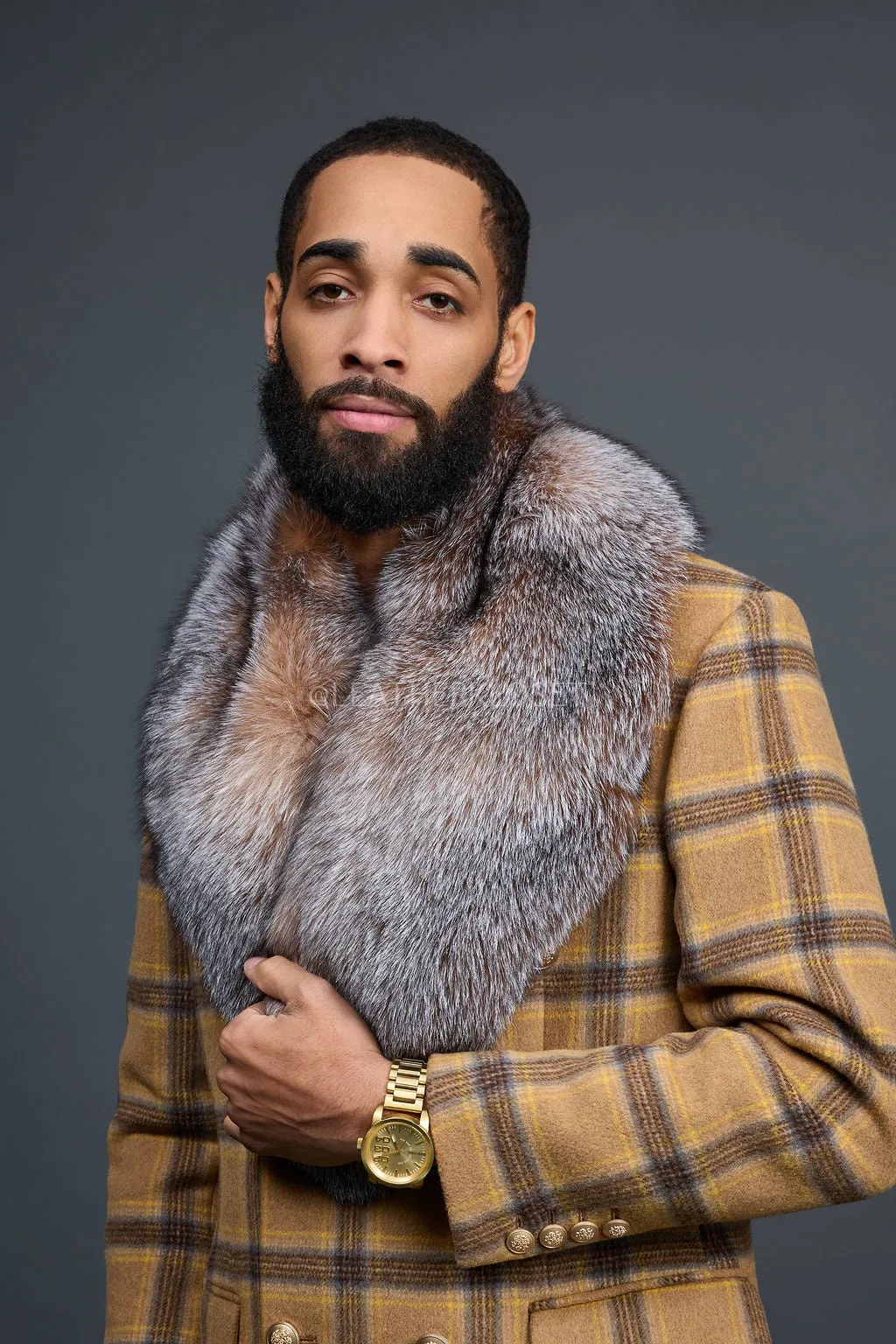 Men's Cashmere Trench Coat With Fox Collar [Tan/Brown]