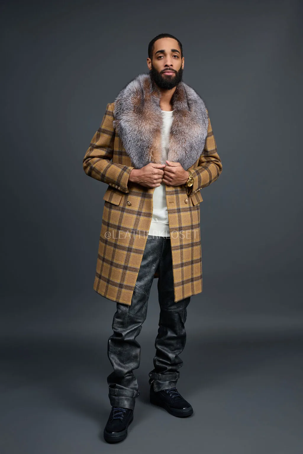 Men's Cashmere Trench Coat With Fox Collar [Tan/Brown]