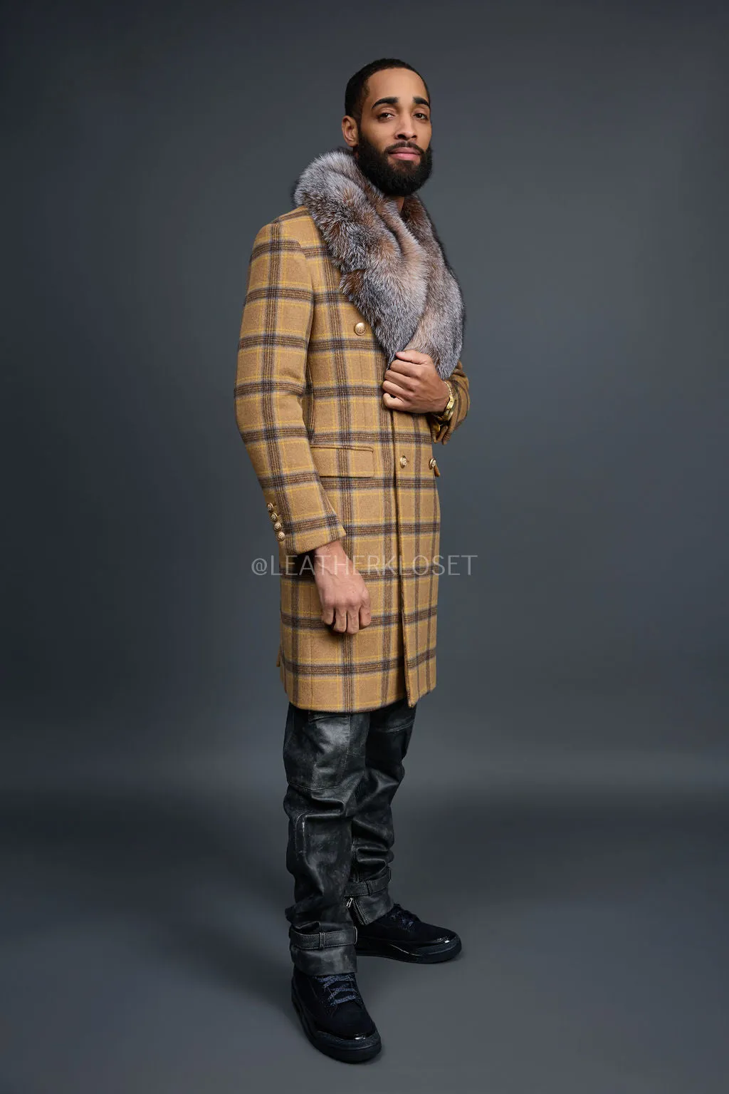 Men's Cashmere Trench Coat With Fox Collar [Tan/Brown]