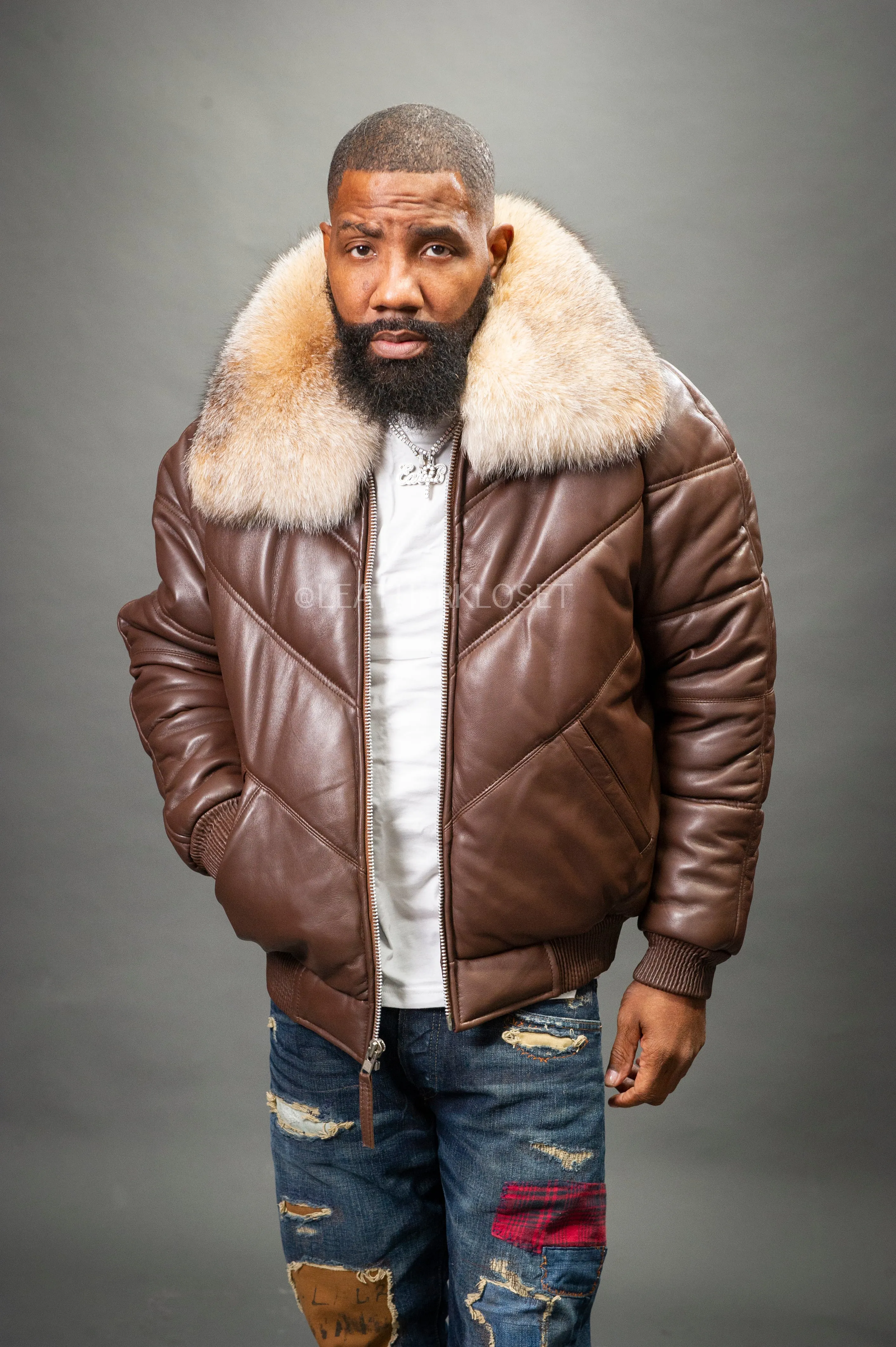 Men's V-Bomber Chocolate Brown Premium Fox Collar [Crystal Fox]