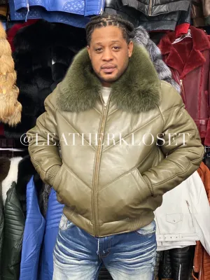 Men's V-Bomber Leather Olive Green Premium Fox Collar
