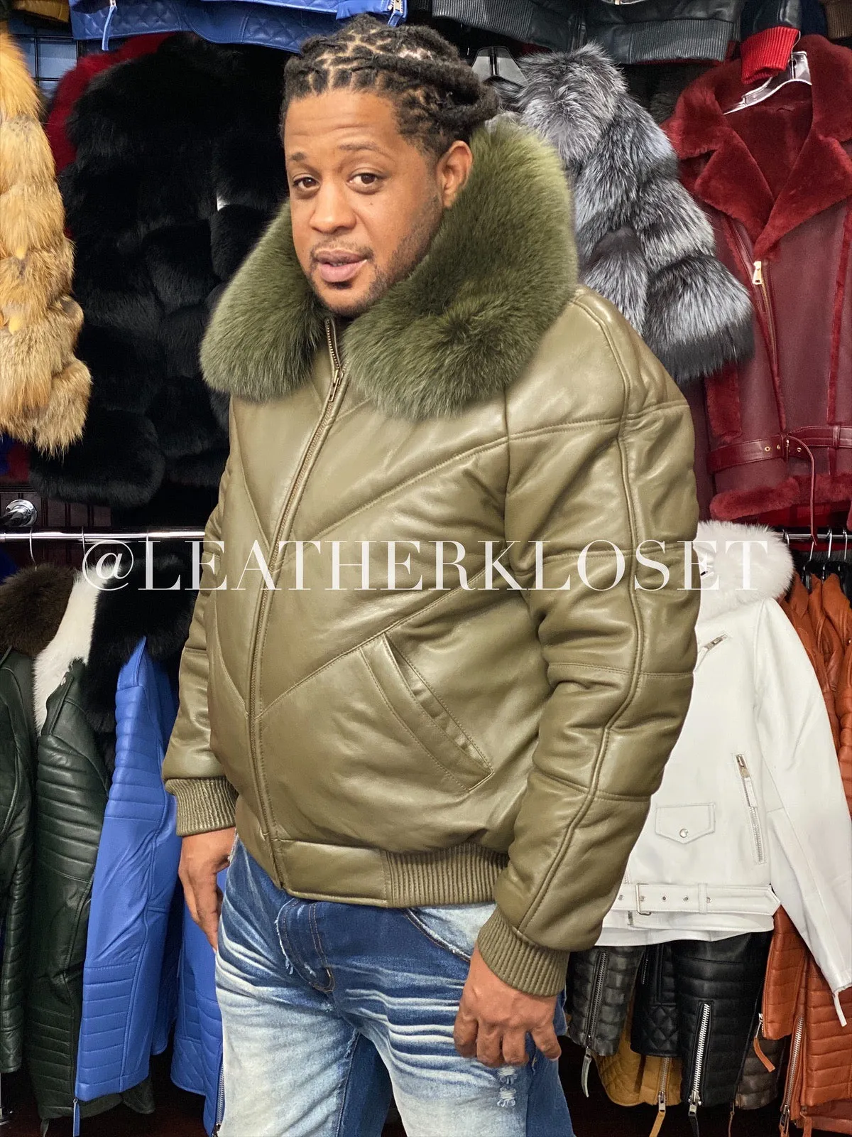 Men's V-Bomber Leather Olive Green Premium Fox Collar