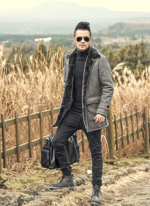 Men's Winter Warm Wool Fur Leather Coat