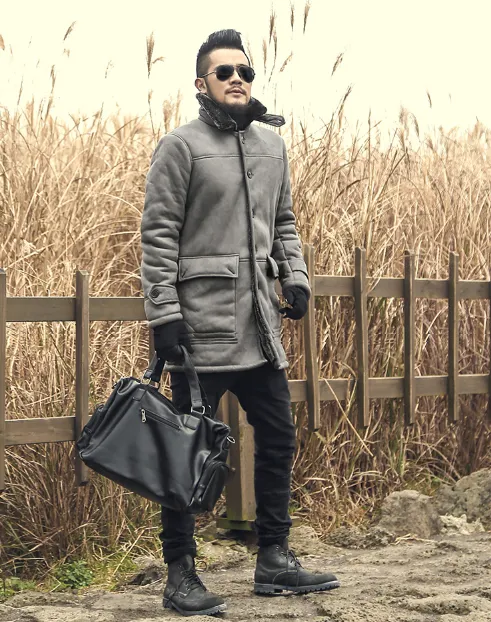 Men's Winter Warm Wool Fur Leather Coat