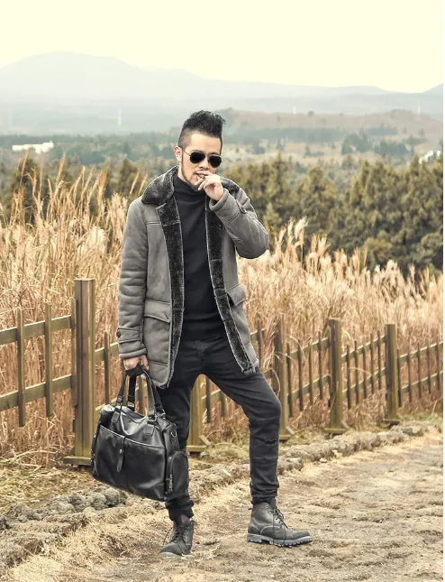 Men's Winter Warm Wool Fur Leather Coat