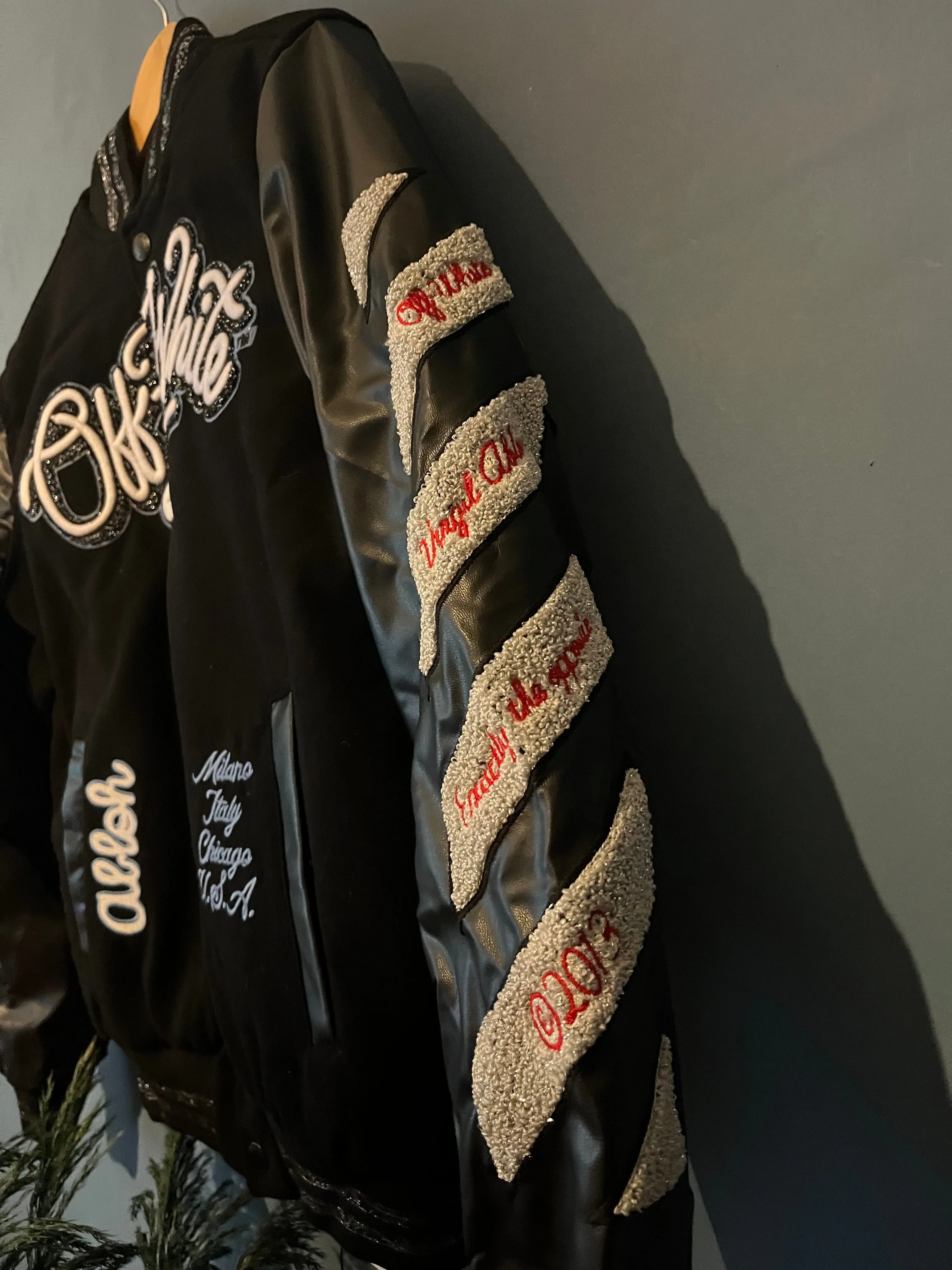 Off-White c/o Chicago Bulls " Red Varsity " Jacket styled in Black for Fall&Winter 2024