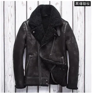 Original Free shipping.Winter Warm Mens Wool Fur Jacket,Classic Rider Vintage Genuine Leather jacket.Cool Thick Sheepskin Shearling Coat.