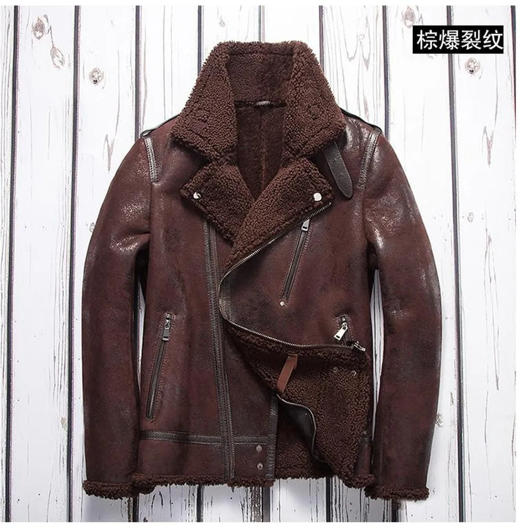 Original Free shipping.Winter Warm Mens Wool Fur Jacket,Classic Rider Vintage Genuine Leather jacket.Cool Thick Sheepskin Shearling Coat.