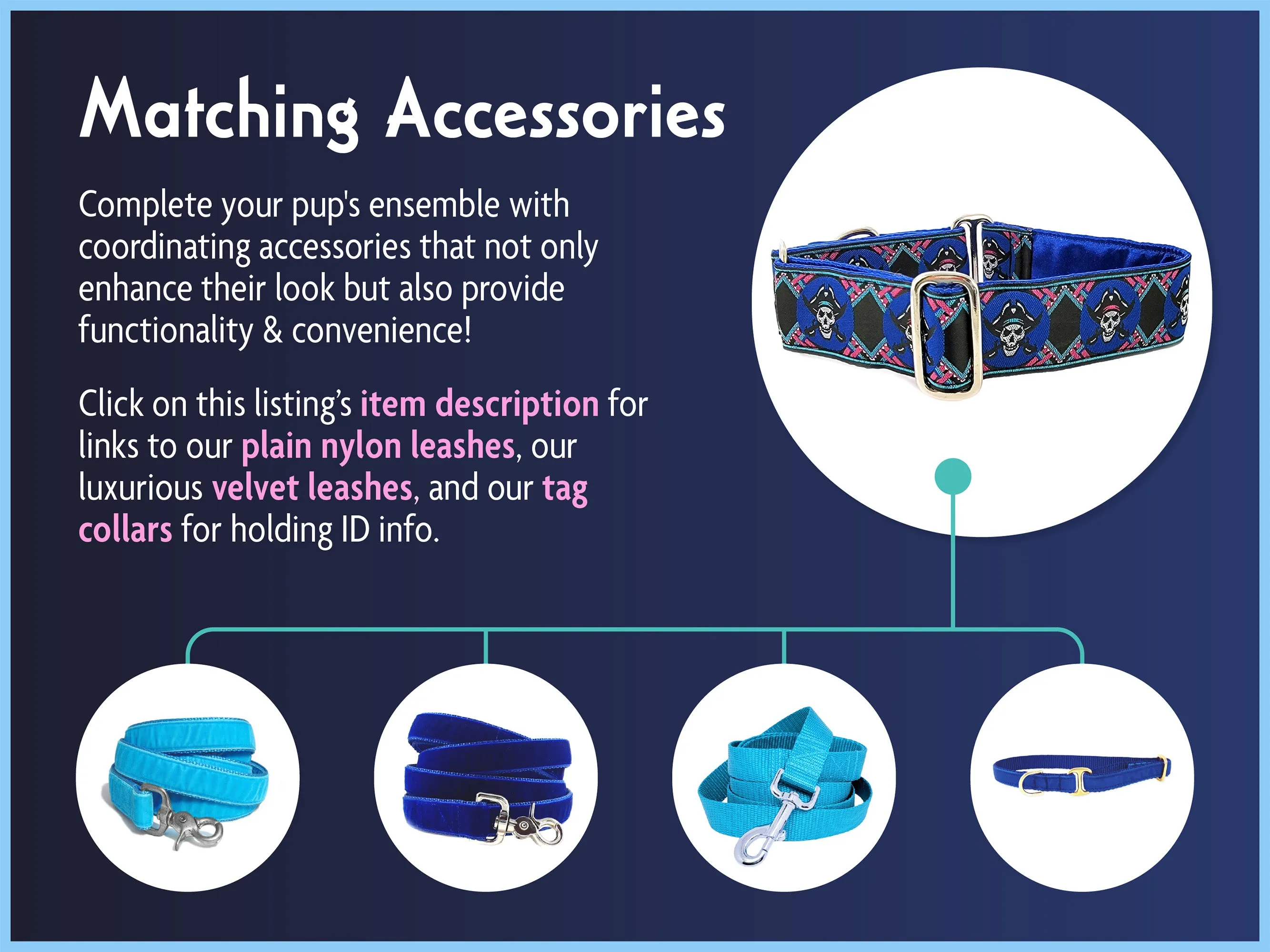 Pirates in Blue & Black - Martingale or Buckle Dog Collar - 1.5" Width