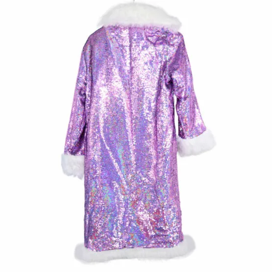 Purple Sequin Long Coat with Faux Fur Trim