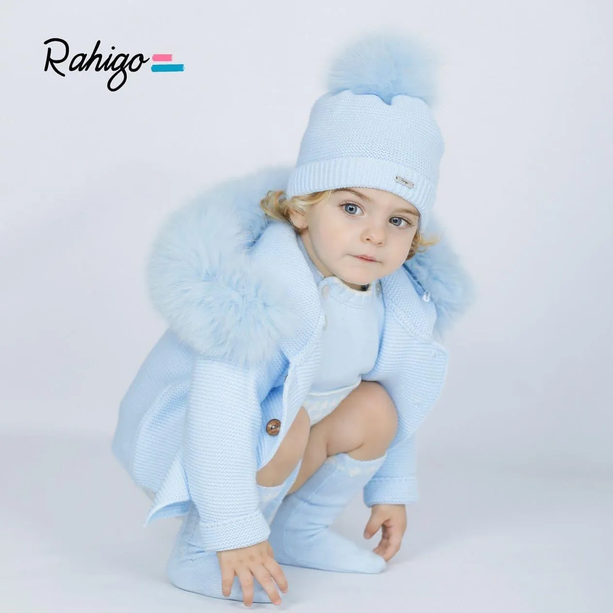 RAHIGO Fur Hood Blue Knitted Coat - CLEARANCE SALE