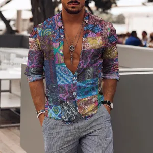 Retro Mens Holiday Ethnic Style Stitching Printed Shirt